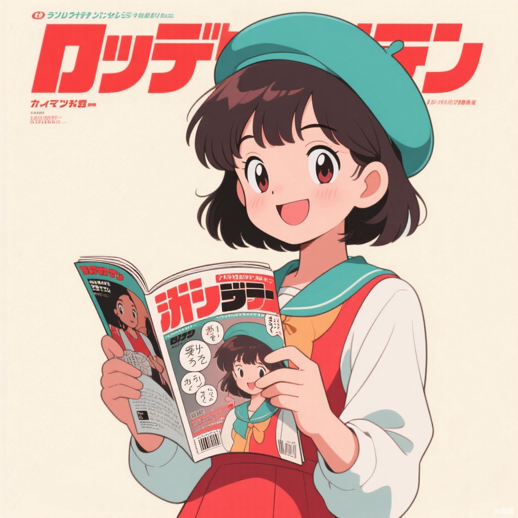 追番月刊封面风格插画：读杂志的二次元少女