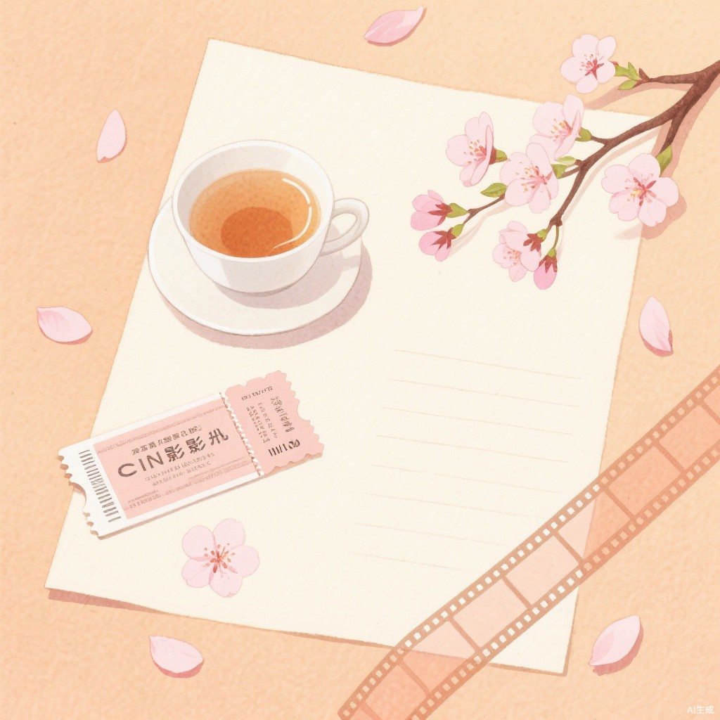 茶杯、电影票、胶片与樱花瓣的水彩静物